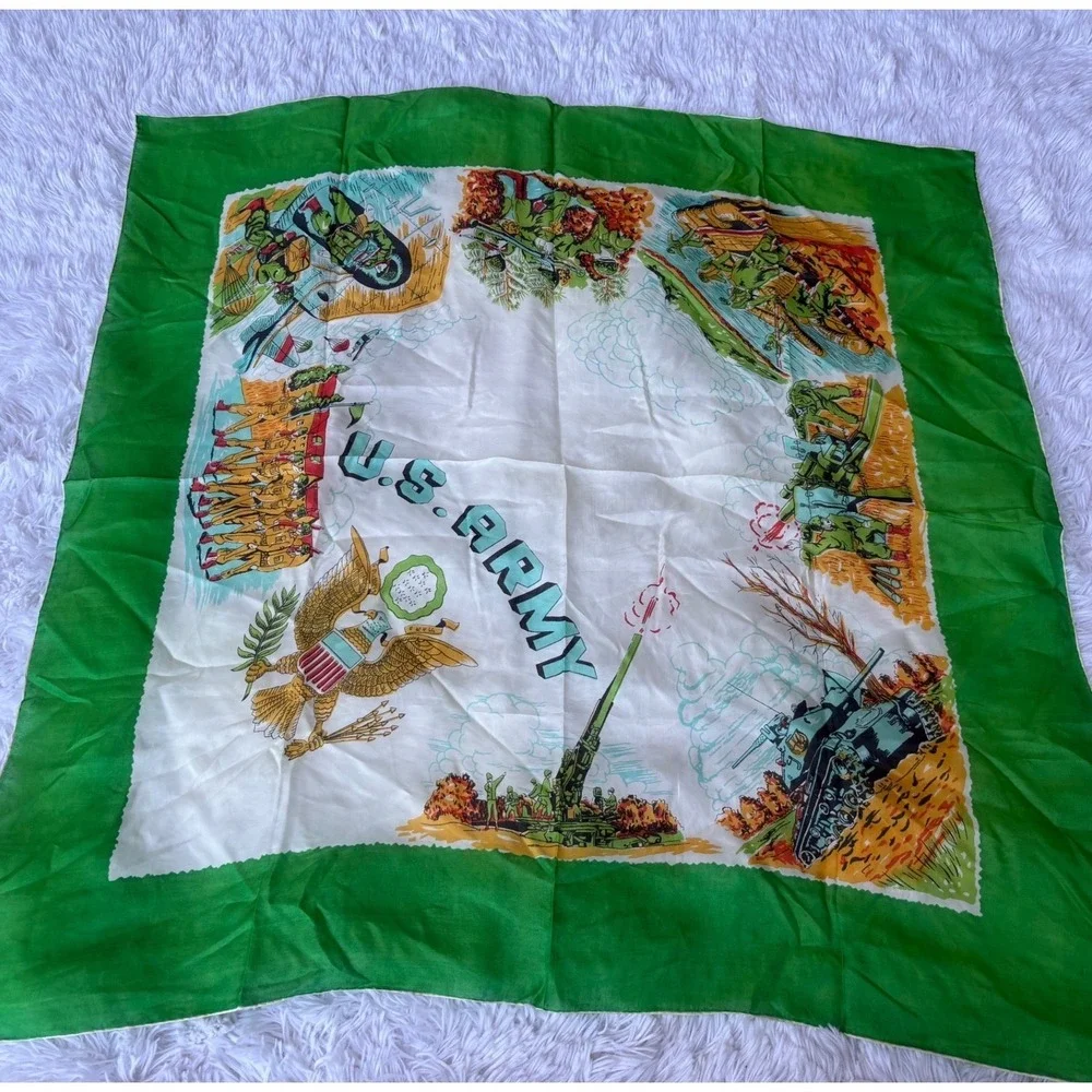 Vintage 1950s Korean War Era U.S. Army Souvenir Scarf 31x31 Military Tank